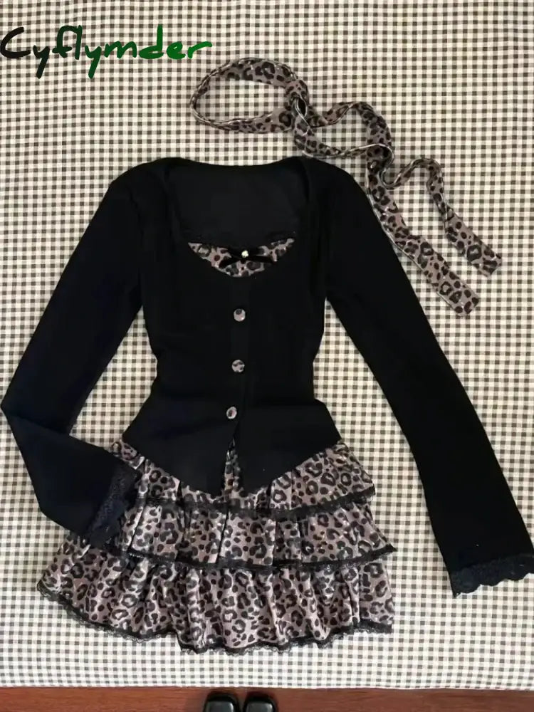 Cyflymder Leopard Vintage Suits Women Design Elegant Y2k Thin Sweater Pullover + Mini Skirts Casual 2000s Clothing 2