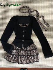 Cyflymder Leopard Vintage Suits Women Design Elegant Y2k Thin Sweater Pullover + Mini Skirts Casual 2000s Clothing 2