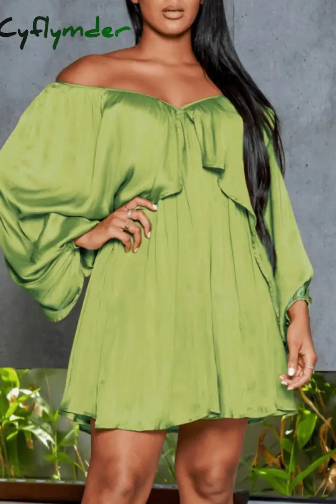Cyflymder - Light Green Casual Solid Patchwork Off The Shoulder Long Sleeve Dresses