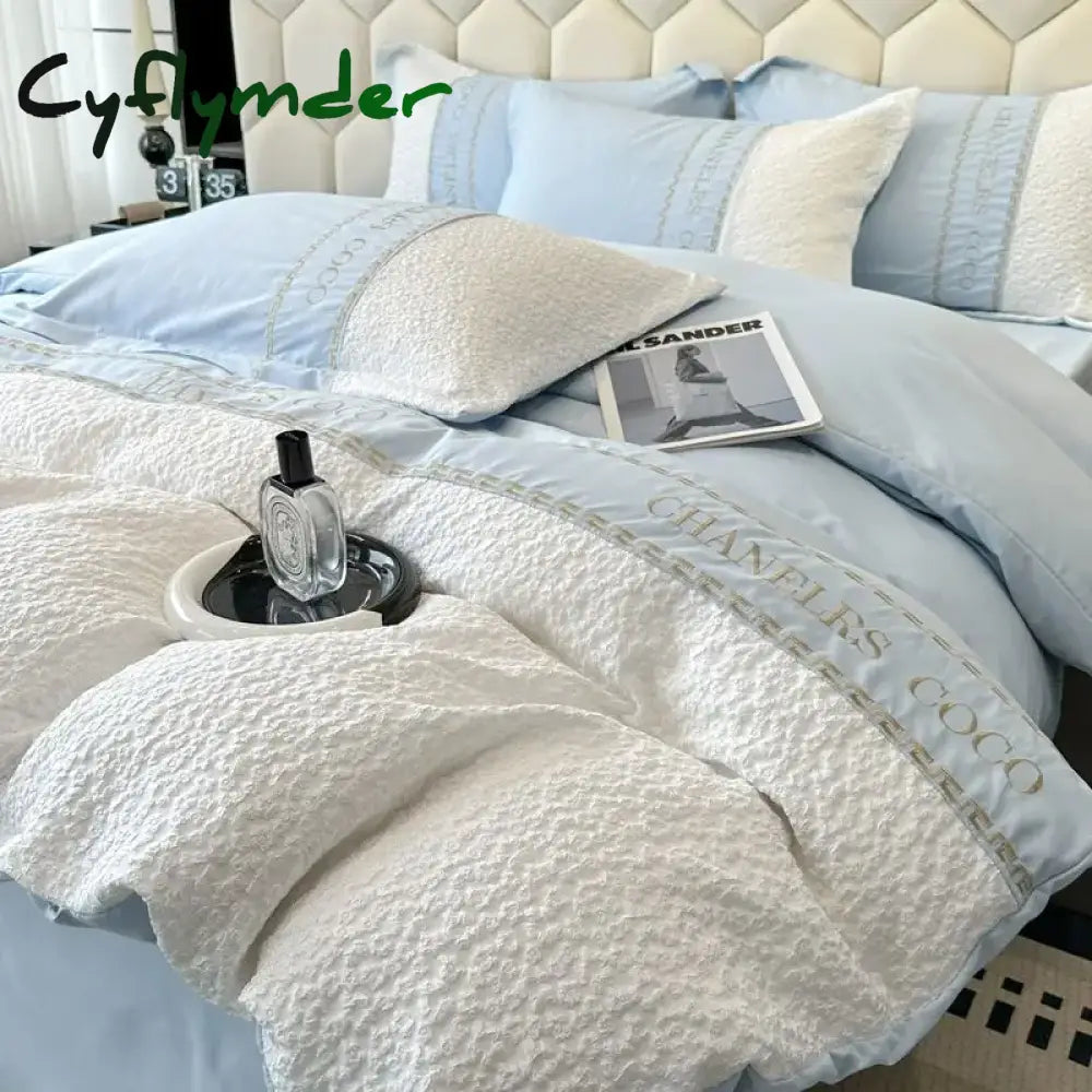Cyflymder Light Luxury Three-dimensional Relief Jacquard Nordic Style Washed Cotton Four-piece Set Bed Sheet and Quilt