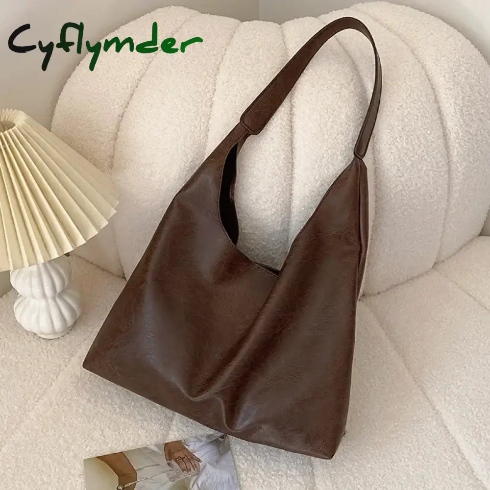 Cyflymder Lightweight PU Soft Leather Tote Bag Large Capacity Women Big Shoulder Bag Underarm Bag Hasp Closure Casual