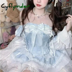 Cyflymder Lolita Cute Girl Sweet Summer Patchwork Bow Ruffles Bandage Lace Fashion Solid Color Slim Casual Long Sleeved