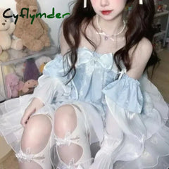 Cyflymder Lolita Cute Girl Sweet Summer Patchwork Bow Ruffles Bandage Lace Fashion Solid Color Slim Casual Long Sleeved