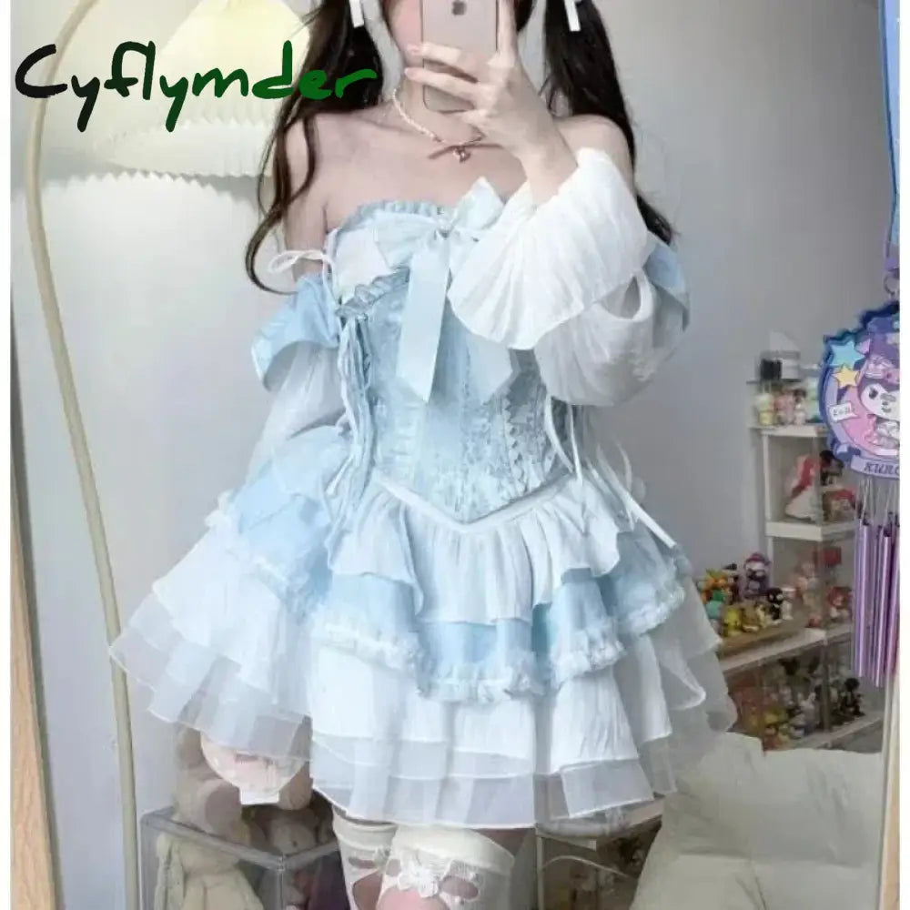 Cyflymder Lolita Cute Girl Sweet Summer Patchwork Bow Ruffles Bandage Lace Fashion Solid Color Slim Casual Long Sleeved
