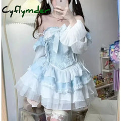 Cyflymder Lolita Cute Girl Sweet Summer Patchwork Bow Ruffles Bandage Lace Fashion Solid Color Slim Casual Long Sleeved