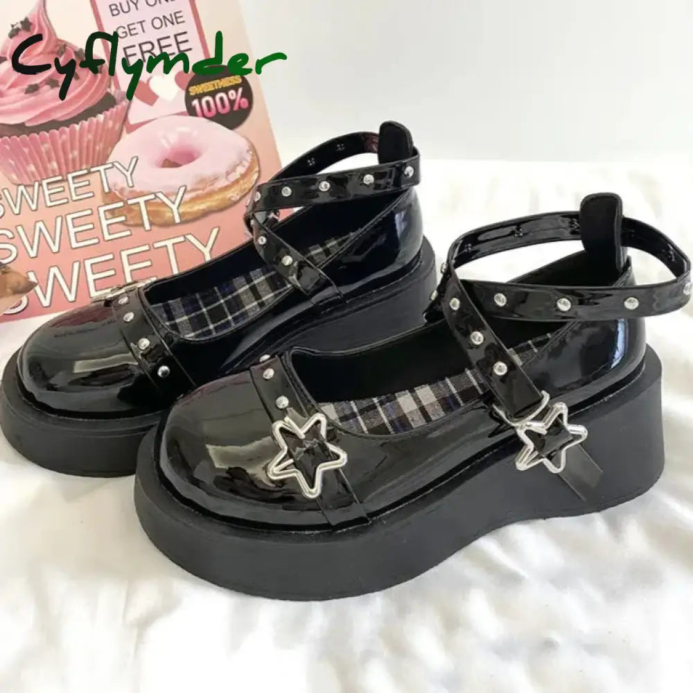 Cyflymder Lolita Shoes Women’s Preppy Style Single Shoes Patent Leather Thick Bottom Mary Jane Shoes Vintage Girls JK