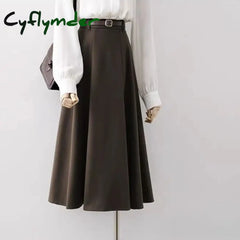 Cyflymder long skirt outfit winter Vintage Belt Woolen Midi Skirt Women Black Pleated Skirts Fall Winter Ladies Korean