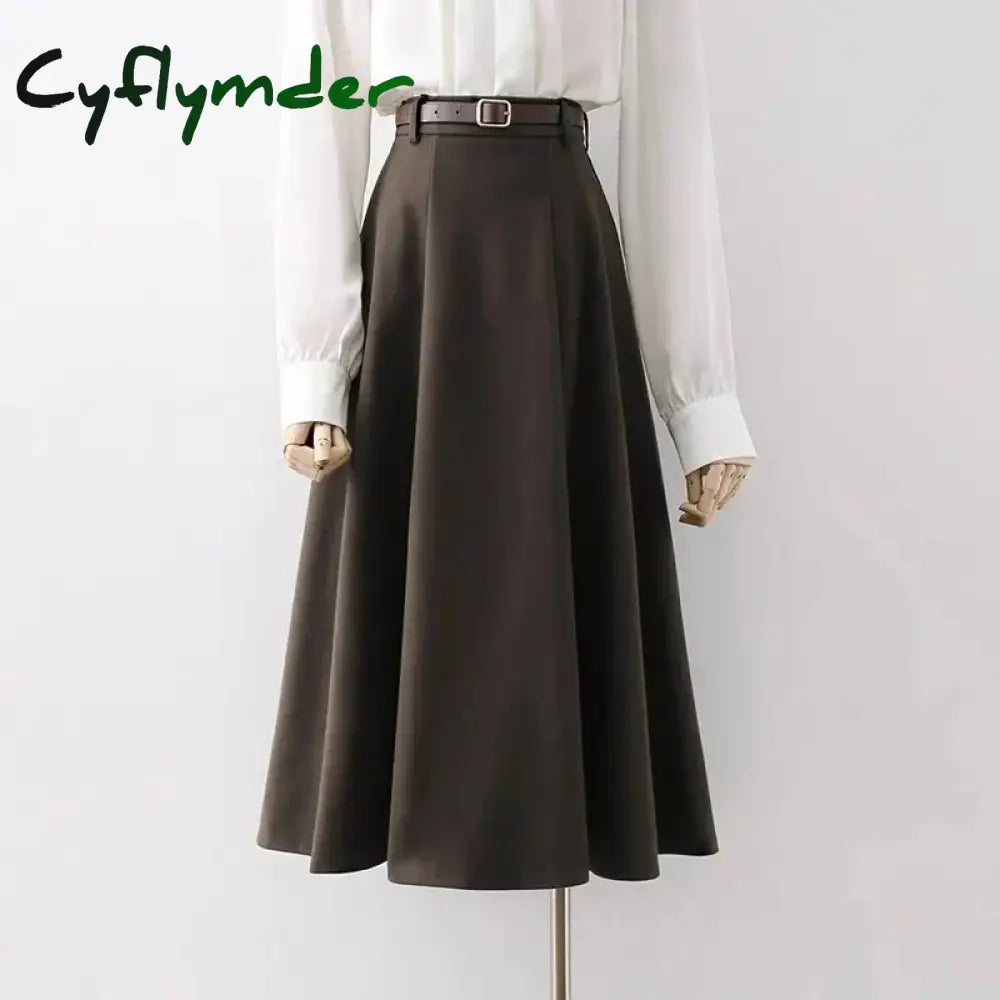 Cyflymder long skirt outfit winter Vintage Belt Woolen Midi Skirt Women Black Pleated Skirts Fall Winter Ladies Korean