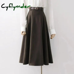 Cyflymder long skirt outfit winter Vintage Belt Woolen Midi Skirt Women Black Pleated Skirts Fall Winter Ladies Korean