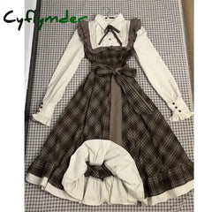 Cyflymder Long-sleeve Dress for Women Wood Ear Hem Patchwork Plaid Dresses Small Fresh Waist Lace Up Bow Vestidos