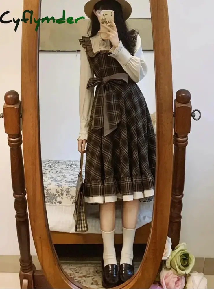 Cyflymder Long-sleeve Dress for Women Wood Ear Hem Patchwork Plaid Dresses Small Fresh Waist Lace Up Bow Vestidos photo