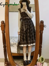 Cyflymder Long-sleeve Dress for Women Wood Ear Hem Patchwork Plaid Dresses Small Fresh Waist Lace Up Bow Vestidos photo