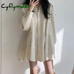Cyflymder Long Sleeve Dress Women Ins Spring Lovely Solid A-line Ruffles Korean Apricot Fashion Retro Turn-down Collar