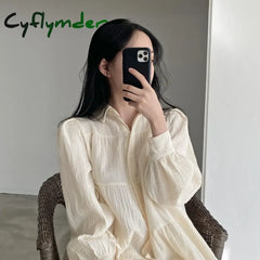 Cyflymder Long Sleeve Dress Women Ins Spring Lovely Solid A-line Ruffles Korean Apricot Fashion Retro Turn-down Collar
