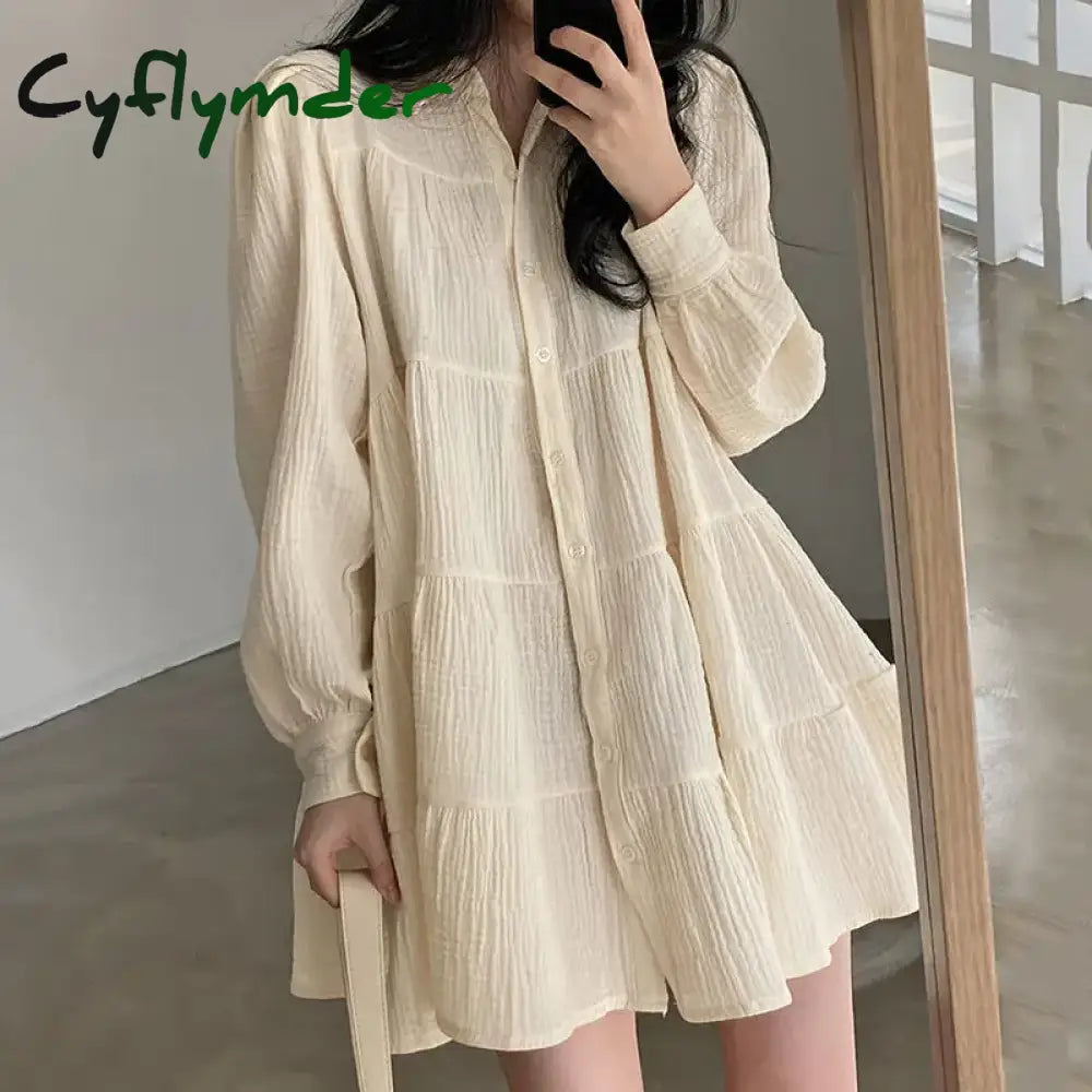 Cyflymder Long Sleeve Dress Women Ins Spring Lovely Solid A-line Ruffles Korean Apricot Fashion Retro Turn-down Collar