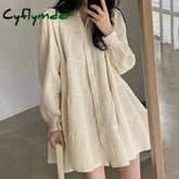 Cyflymder Long Sleeve Dress Women Ins Spring Lovely Solid A-line Ruffles Korean Apricot Fashion Retro Turn-down Collar