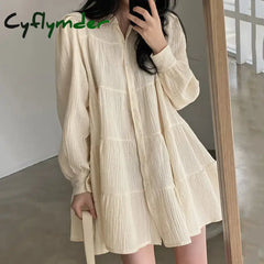 Cyflymder Long Sleeve Dress Women Ins Spring Lovely Solid A-line Ruffles Korean Apricot Fashion Retro Turn-down Collar