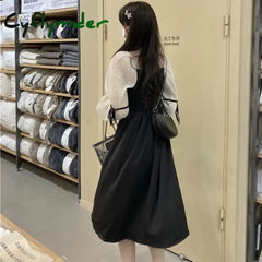 Cyflymder Long Sleeve Dress Women Square Collar Dot Patchwork Elegant Mid-Calf Casual Fashion