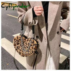 Cyflymder Love Heart Shape Women’s Faux Fur Shoulder Bags Stitching Check Pattern Ladies Purse
