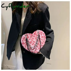 Cyflymder Love Heart Shape Women’s Faux Fur Shoulder Bags Stitching Check Pattern Ladies Purse