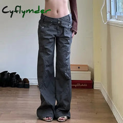 Cyflymder Low Waisted Flare Jeans Streetwear 2000s Clothes Y2k Women Bottom Belted Cargo Vintage Denim Pants