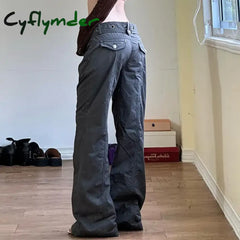 Cyflymder Low Waisted Flare Jeans Streetwear 2000s Clothes Y2k Women Bottom Belted Cargo Vintage Denim Pants