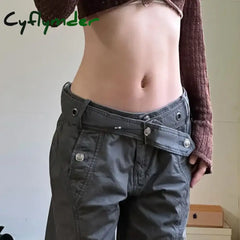Cyflymder Low Waisted Flare Jeans Streetwear 2000s Clothes Y2k Women Bottom Belted Cargo Vintage Denim Pants