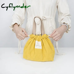 Cyflymder Lunch Bag Corduroy Canvas Box Drawstring Picnic Tote Eco Cotton Cloth Small Handbag