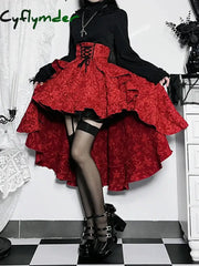 Cyflymder Mall Goth High Waist Swallowtail Skirt Women’s Steampunk Vintage Lace Up Asymmetrical
