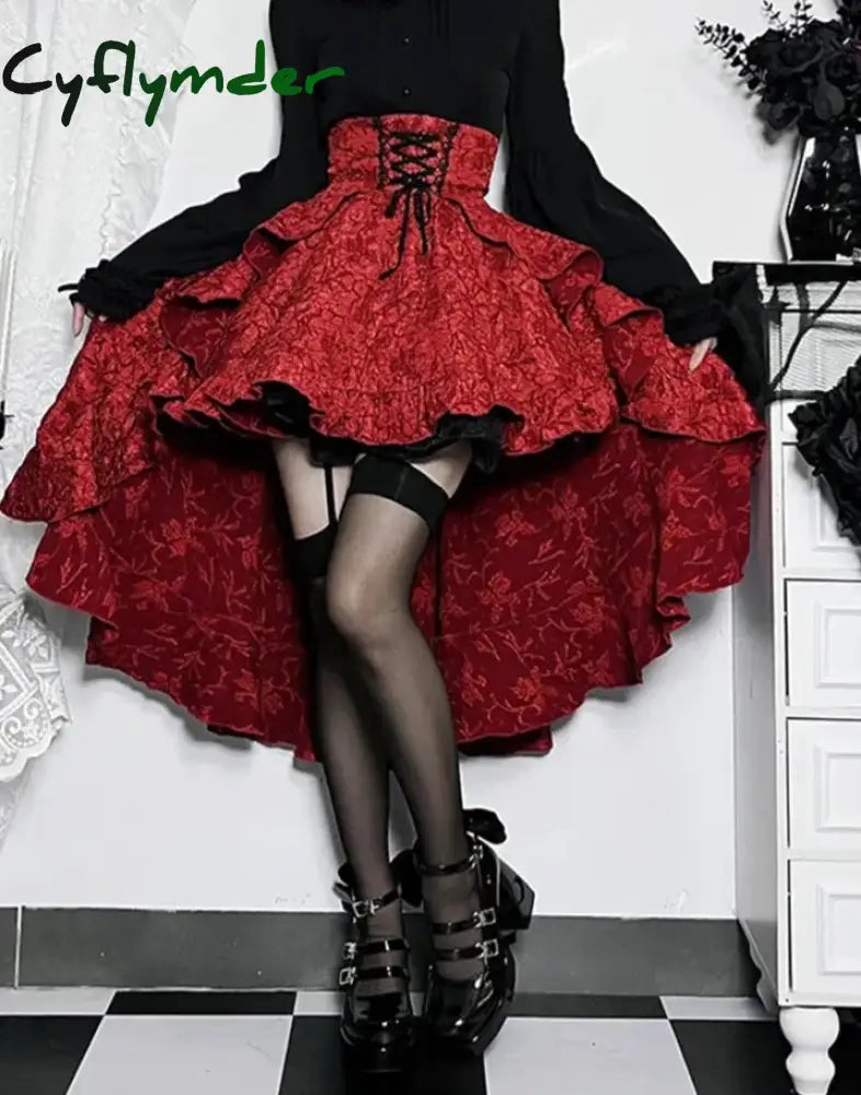 Cyflymder Mall Goth High Waist Swallowtail Skirt Women’s Steampunk Vintage Lace Up Asymmetrical