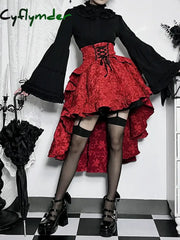 Cyflymder Mall Goth High Waist Swallowtail Skirt Women’s Steampunk Vintage Lace Up Asymmetrical