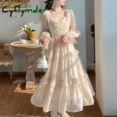 Medieval Romantic French Court Style Dress Womens Spring Flare Sleeve High Waist Elegant Female Dress Vintage Long Dresses