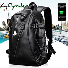 Cyflymder Men Backpack External Usb Charge Waterproof Fashion Pu Leather Travel Bag Casual School