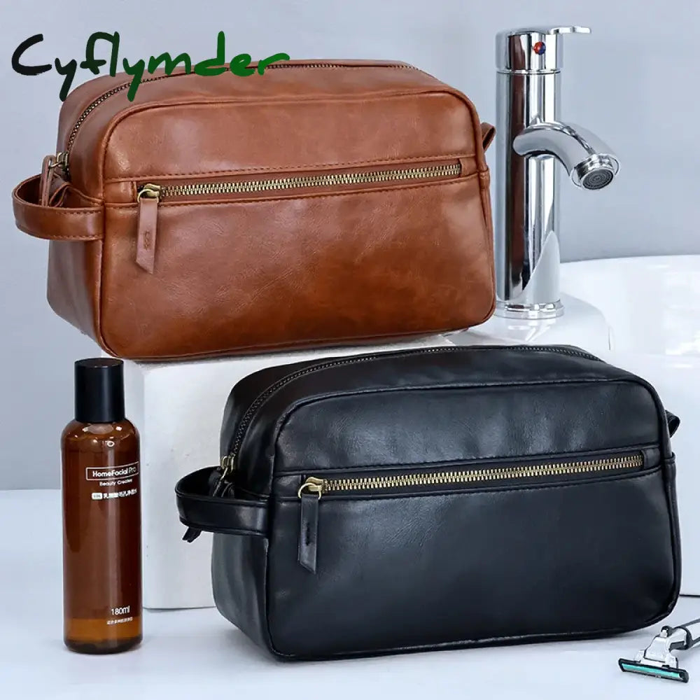 Cyflymder Men Business Travel Wash Toiletry Bag Waterproof PU Leather Bathroom Shaving Tools Organizer Bag Makeup Pouch