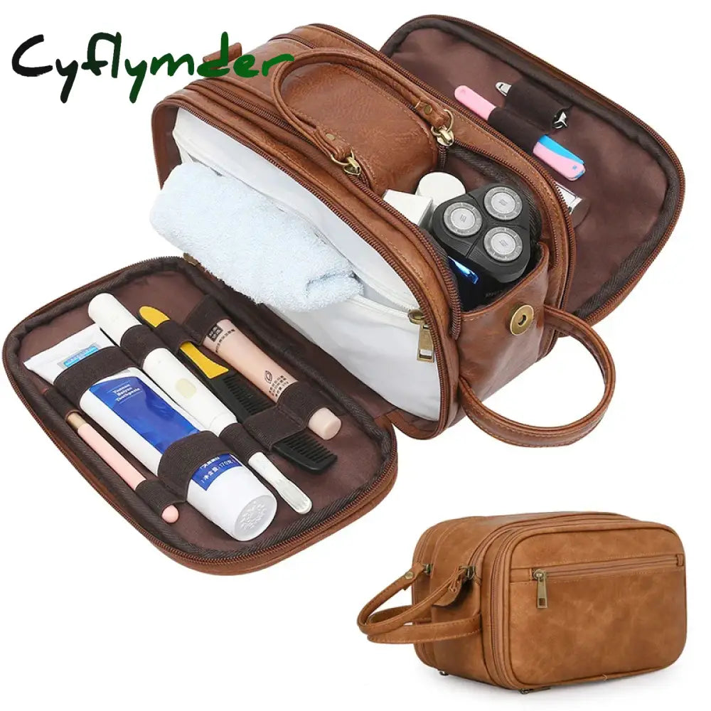 Cyflymder Men Business Travel Wash Toiletry Bag Waterproof Pu Leather Bathroom Shaving Tools