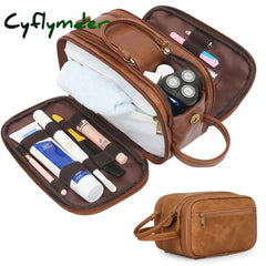 Cyflymder Men Business Travel Wash Toiletry Bag Waterproof Pu Leather Bathroom Shaving Tools