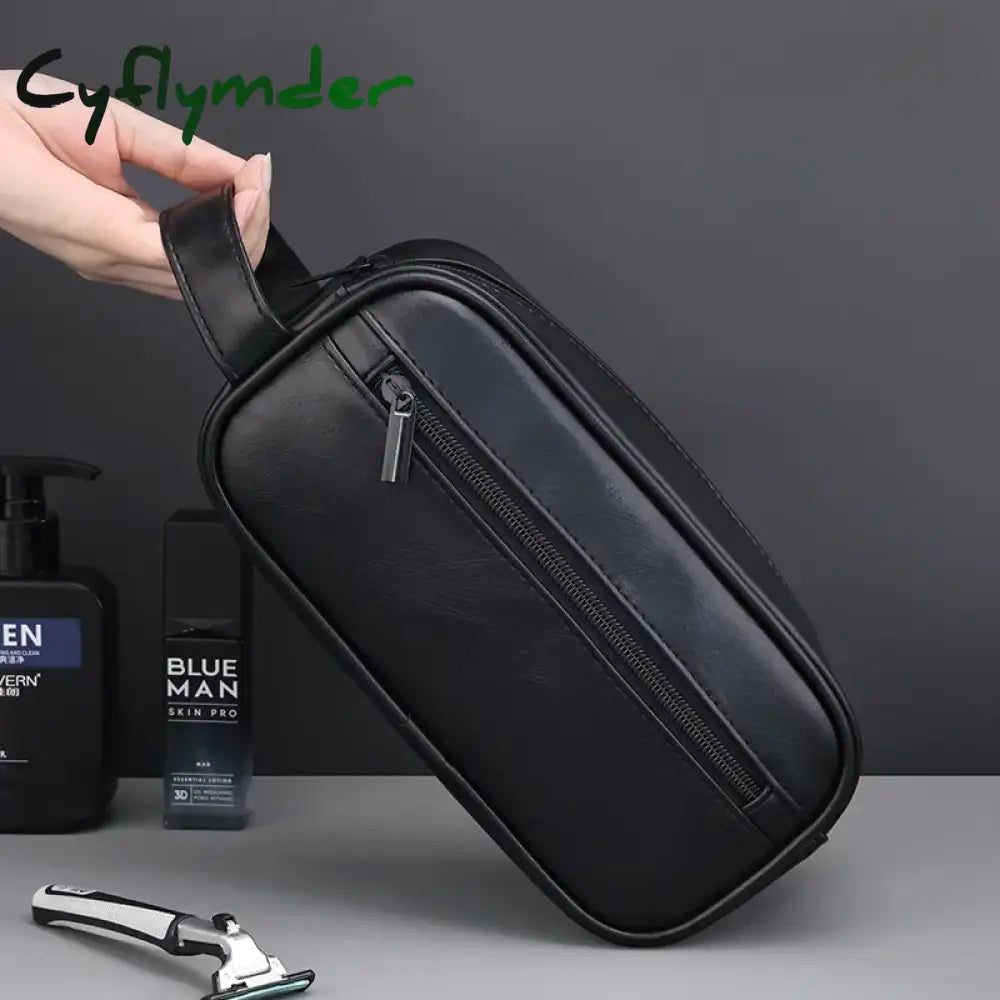 Cyflymder Men Leather Wash Bag Travel Business Trips Portable Cosmetic Bag Large Capacity Multi Pocket Design Handheld