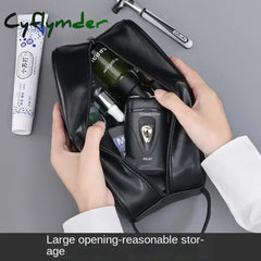 Cyflymder Men Leather Wash Bag Travel Business Trips Portable Cosmetic Bag Large Capacity Multi Pocket Design Handheld