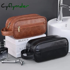 Cyflymder Men Leather Wash Bag Travel Business Trips Portable Cosmetic Bag Large Capacity Multi Pocket Design Handheld