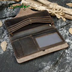 Cyflymder Men’s Crazy Horse Leather Long Wallet Brown Real Leather Trifold Clutch Snap Purse Hasp Purse with Phone