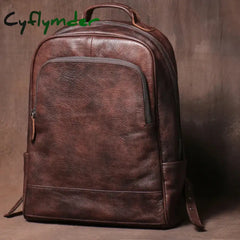 Cyflymder Men’s Vintage Genuine Leather Backpack Luxury Travel Knapsack Fashion School Bag Office Computer Bag For 16