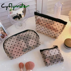 Cyflymder Mesh Cosmetic Makeup Bags Case Holder Cute Transparent Zipper Black Heart Printed Pencil