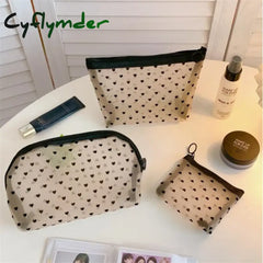 Cyflymder Mesh Cosmetic Makeup Bags Case Holder Cute Transparent Zipper Black Heart Printed Pencil