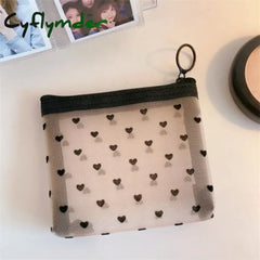 Cyflymder Mesh Cosmetic Makeup Bags Case Holder Cute Transparent Zipper Black Heart Printed Pencil