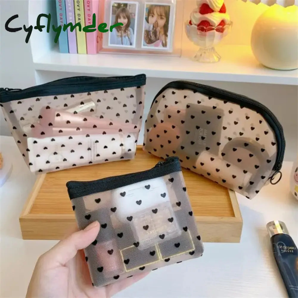 Cyflymder Mesh Cosmetic Makeup Bags Case Holder Cute Transparent Zipper Black Heart Printed Pencil