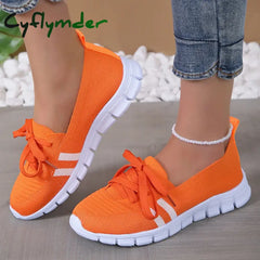 Cyflymder Mesh Knitted Striped Flats Shoes for Women Summer Lace Up Casual Sneakers Woman Breathable Soft Sole Loafers