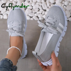 Cyflymder Mesh Knitted Striped Flats Shoes for Women Summer Lace Up Casual Sneakers Woman Breathable Soft Sole Loafers