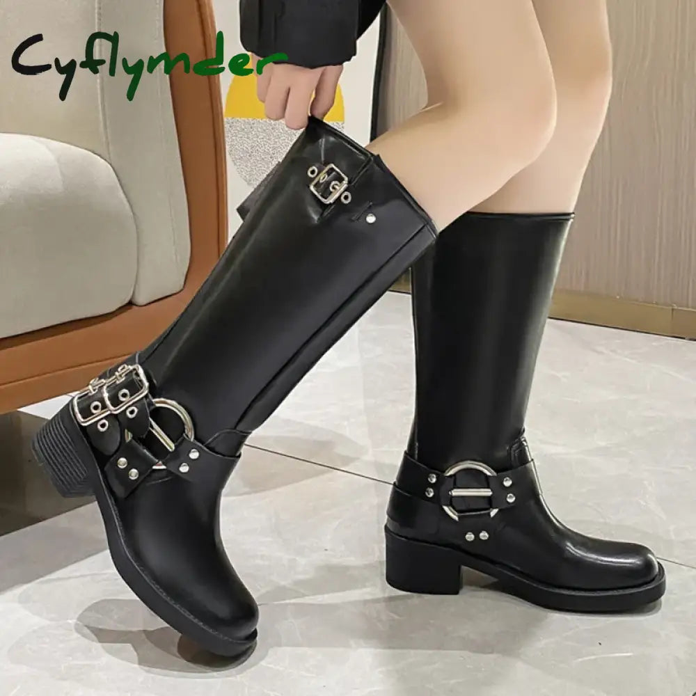Cyflymder Metal Buckle Square Toe Knee High Boots Women Black PU Leather Punk Long Boots Woman Autumn Chunky Heels