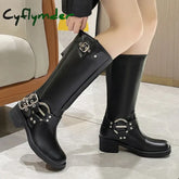 Cyflymder Metal Buckle Square Toe Knee High Boots Women Black PU Leather Punk Long Boots Woman Autumn Chunky Heels