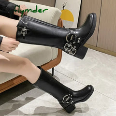 Cyflymder Metal Buckle Square Toe Knee High Boots Women Black PU Leather Punk Long Boots Woman Autumn Chunky Heels